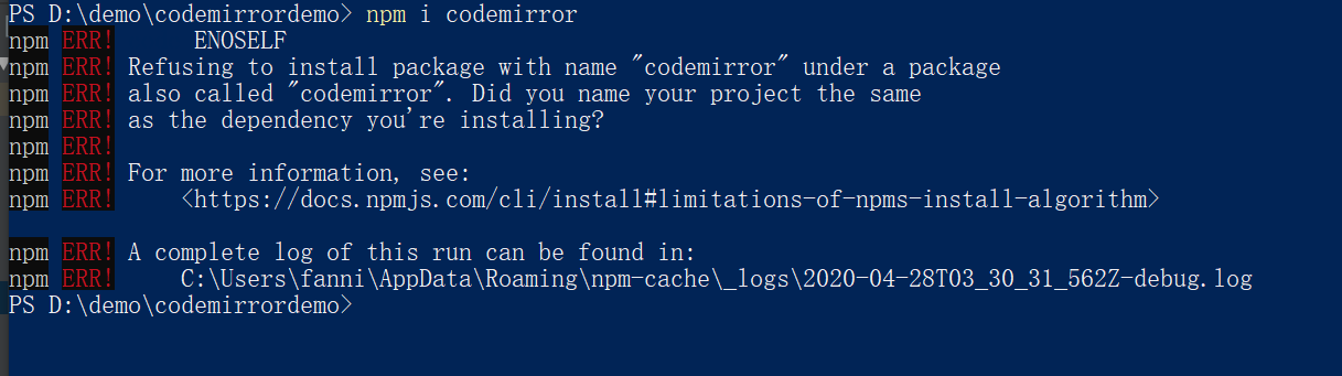 refusing-to-install-package-with-name-codemirror-under-a