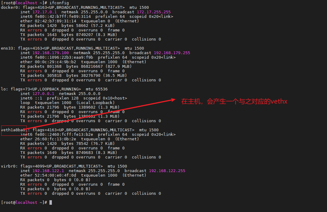 在主机，会产生一个与之对应的vethx