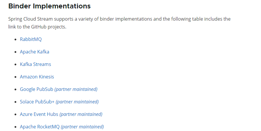 Spring Cloud Stream支持各种Binder实现