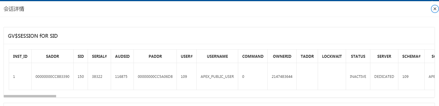 计算机生成了可选文字: 刽刮羊情 GV$SESSIONfORSID INSTID SADDR 000〕0〕00008833g0 SID 150 SERIAL# 彐8322 AUDSID 110875 PADDR 000〕0〕00005厶05D8 USER# 10g USERNAME APEXP」SLICUSER COMMAND OWNERID 214748彐544 TADDR LO（T STATUS INACTIVE SERVER DEDICATED SCHEMA# 10g