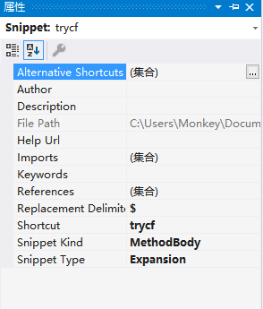Snippet file properties window