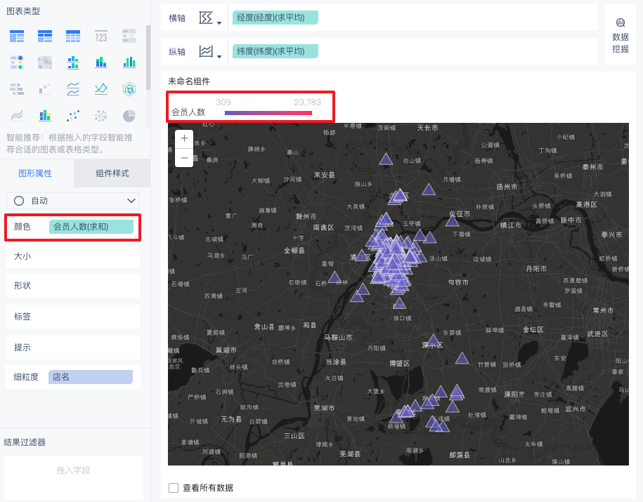0点地图中的点还可以为其增加动画效果,在指标字段的下拉框中选择特殊显示>闪烁动画,进入动画条件是设置界面进行设置即可。详细设置可参考闪烁动画。