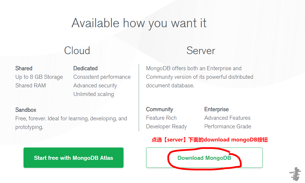 点选【server】下面的download mongoDB按钮