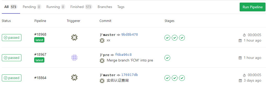All 573 
Status 
@ passed 
@ passed 
@ passed 
Pending O 
Pipeline 
#18968 
#18967 
#18864 
Running 
o 
Finished 
Triggerer 
573 
Branches 
Commit 
Tags 
Stages 
P master -o- gbd8b470 
ppre -o- f6bag6c8 
€3 
Merge branch 'FCM' into pre 
Pmaster 176g17db 
Run Pipeline 
1 hour ago 
1 hour ago 
3 days ago 