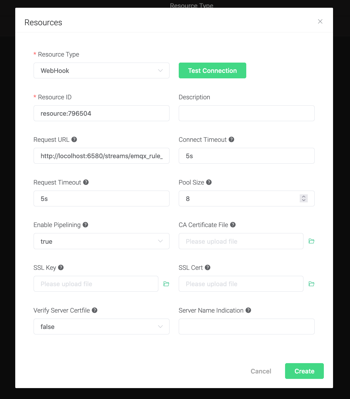 EMQ X Dashboard test connection