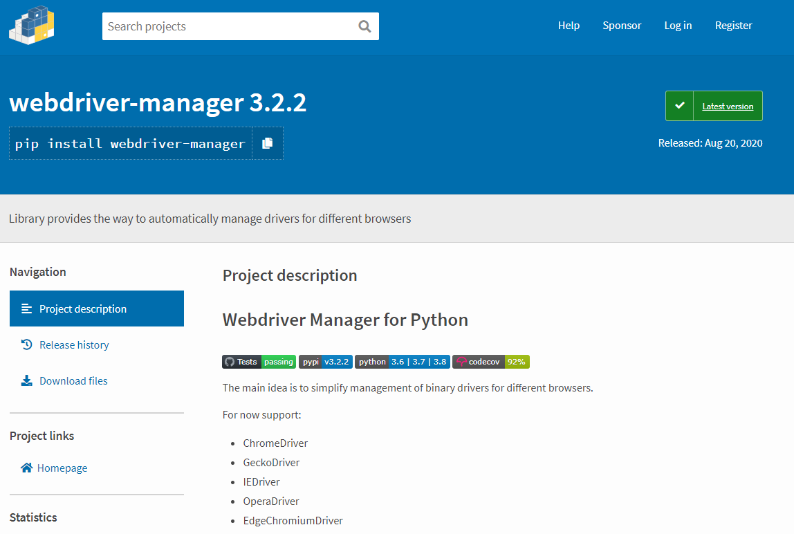 Webdriver manager. Pypi Python.