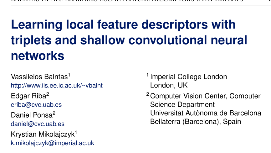 Learning local feature descriptors with triplets and shallow convolutional neural networks 论文阅读笔记