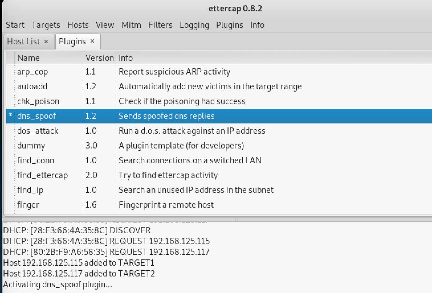 MITM атака Кали линукс. Ettercap Windows. Host ДНС. Start plugin.