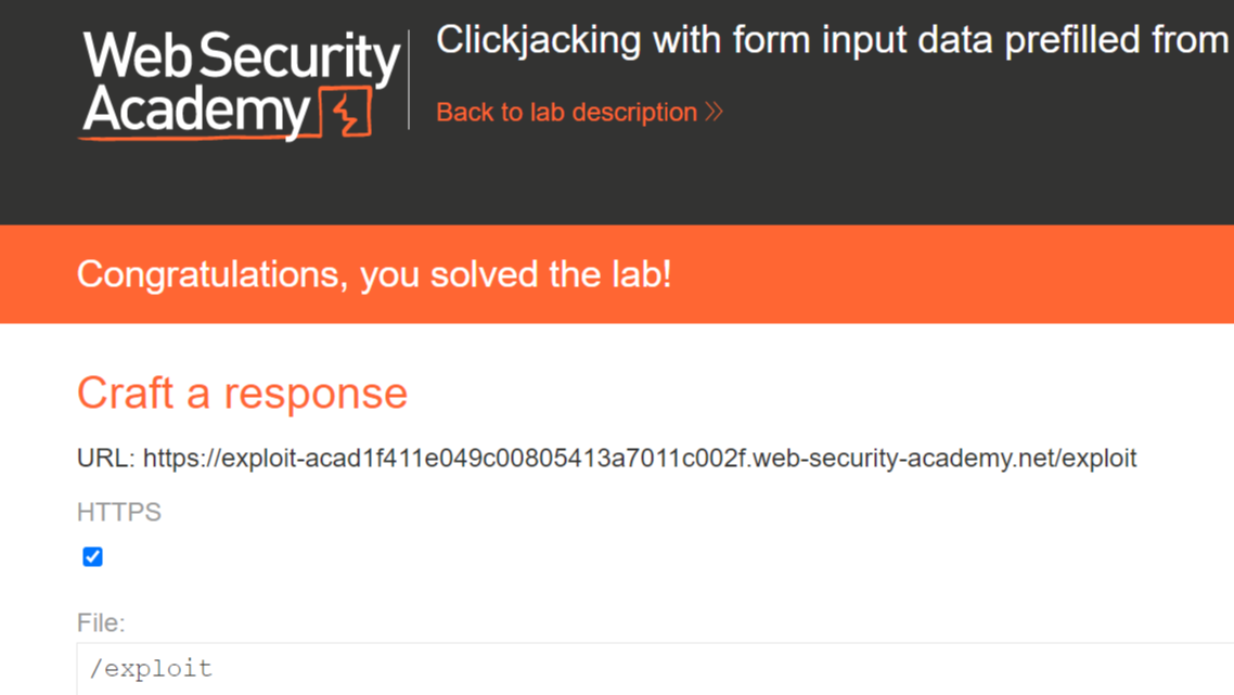 Lab: Clickjacking with form input data prefilled from a URL parameter：使用从 URL 参数预填充的表单输入数据进行点击劫持