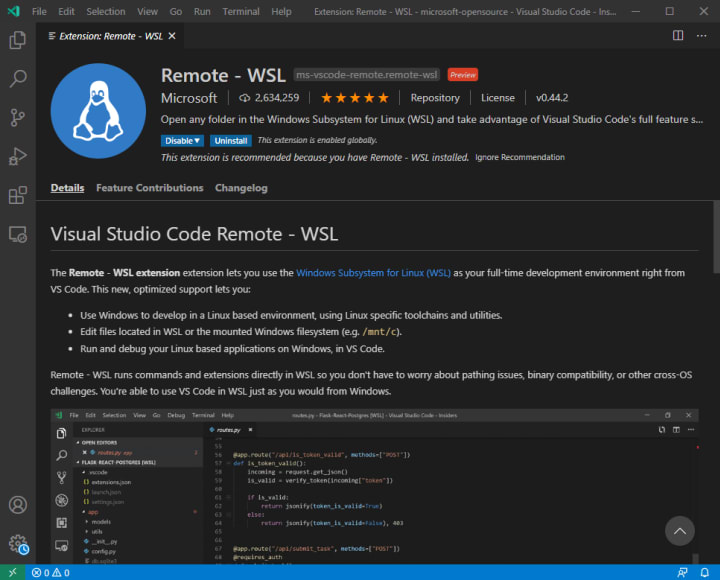 Code with the remote WSL extension