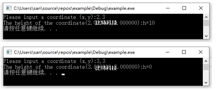 有4个圆塔,圆心分别为(2,2)、(-2,2)、(-2,-2)、(2,-2),圆半径为1,见图。这4个塔的高度为10m,塔以外无建筑物。今输入任一点的坐标,求该点的建筑高度(塔外的高度为零)