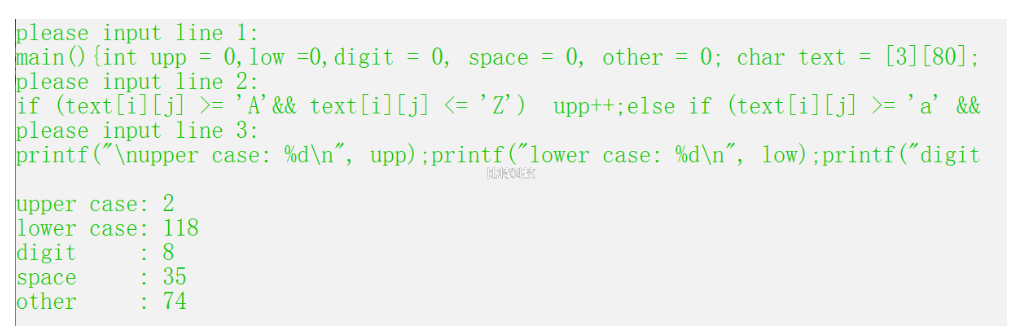 有一篇文章，共有3行文字，每行有80个字符。要求分别统计出其中英文大写字母、小写字母、数字、空格以及其他字符的个数