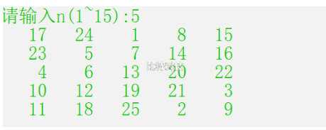 输出"魔方阵"。所谓魔方阵是指这样的方阵，它的每一行、每一列和对角线之和均相等。例如：   8   1   6 3   5   7 4   9   2  要求输出1~的自然数构成的魔方阵。
