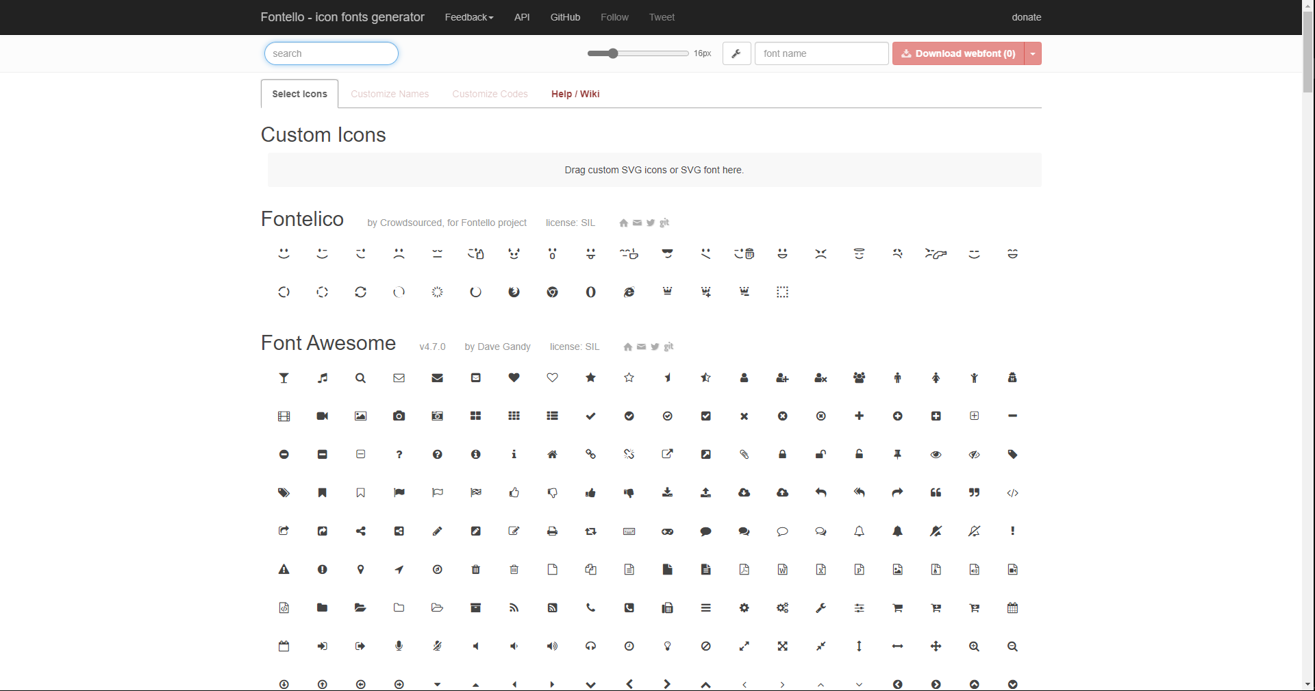 在这里创建自己的webfonts图标吧！这个网站可以让你自由创建自己的图标——选择你需要的图标符号，可改变其像素大小，自定义文件名，下载，创建自己的作品就这么简单。