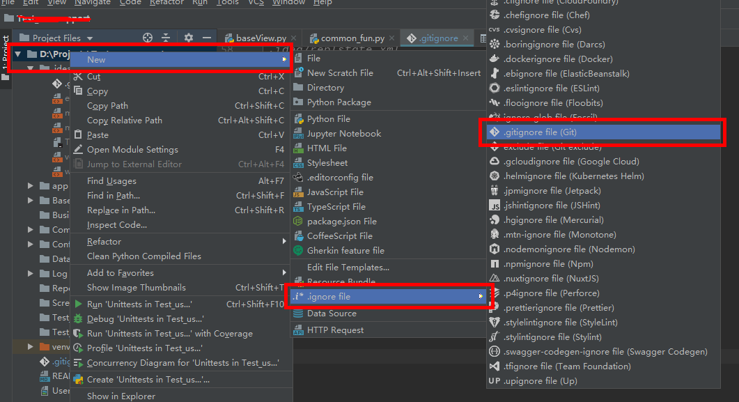 Как создать файл gitignore в pycharm