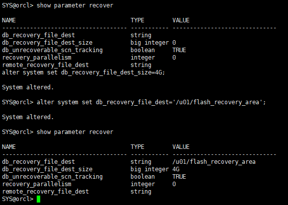 alter system db recovery file dest size