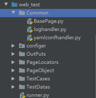 Common：公共部分-对seleniumAPI的二次封装、日志输出、报错截图、读取yaml配置文件  configer ：项目的配置信息  OutPuts：输出-日志、报告、截图  PageLocators：页面元素定位  PageObject：页面操作  TestCases：测试用例  TestData：测试数据  runner.py 主程序入口