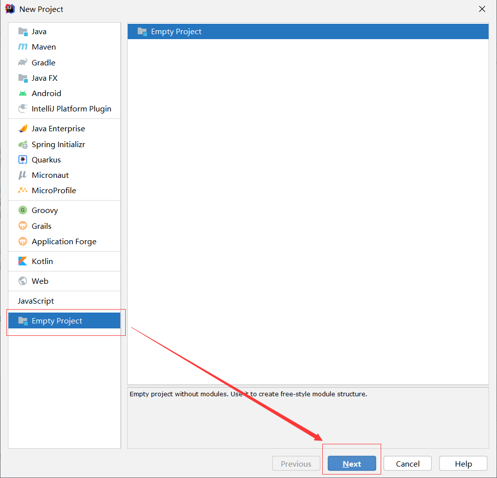 选择"Empty Project",点击"Next"