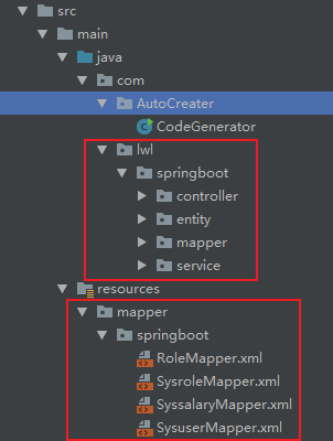 com 
AutoCreater 
CodeGenerator 
spring boot 
controller 
entity 
mapper 
service 
resources 
mapper 
spring boot 
RoleMapper.xml 
t:" SysroleMapper.xml 
t:" SyssalaryMapper.xml 
t:" SysuserMapper.xml 