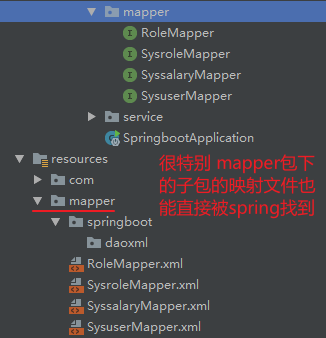 mapper 
O RoleMapper 
O SysroleMapper 
O SyssalaryMapper 
O SysuserMapper 
service 
SpringbootApplication 
resources 
com 
mapper 
spring boot 
daoxml 
RoleMapper.xml 
tn SysroleMapper.xml 
tn SyssalaryMapper.xml 
tn SysuserMapper.xml 