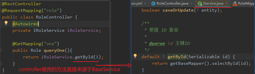 0@RestContr011er 
" role " ) 
public class RoleContr011er { 
private IR01eService iR01eService; 
@GetMapping( " one " ) 
public Role queryOne(){ 
return iR01eService . get8yId(1); 
RoleControllerjava X 
I Servicejava 
boolean saveOrUpdate(T entity) ; 
* fifi ID 
* id _ææro 
RoleMapF 
default T getById(Seria1izab1e id) { 
return get8aseMapper() . selectById(id) ; 
Ice 