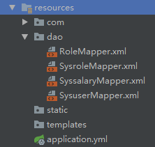 resources 
com 
RoleMapper.xml 
tn SysroleMapper.xml 
tn SyssalaryMapper.xml 
tn SysuserMapper.xml 
static 
templates 
application.yml 