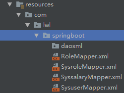 resources 
com 
spring 
daoxml 
RoleMapper.xml 
tn SysroleMapper.xml 
tn SyssalaryMapper.xml 
tn SysuserMapper.xml 