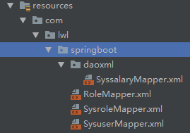 resources 
com 
spring 
daoxml 
tn SyssalaryMapper.xml 
RoleMapper.xml 
tn SysroleMapper.xml 
tn SysuserMapper.xml 