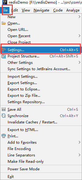 redisDemo - 
dit uie'v Navigate Code Analyze 
Qpenm 
open URL.„ 
Open Recent 
Settings... 
Project Structure... 
Other Settings 
Ctrl+AIt+S 
Ctrl +Alt+Shift+S 
Sync Settings to Jet8rains Accountm 
Import Settingsm 
Export Settings m 
Export to Eclipsem 
Export to Zip Filem 
Settings Repository... 
Save All 
a Synchronize 
Invalidate Caches / Restartm 
Export to HTMLm 
printm 
Add to Favorites 
File Encoding 
Line Separators 
Make File Read-only 
Power Save Mode 
Ctrl+S 
Ctrl+Alt+Y 