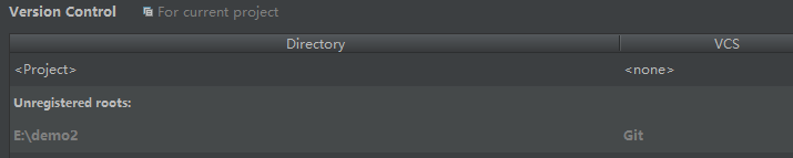 Version Control 
P roject > 
U n registered roots: 
E:\dem02 
For current project 
Di recto ry 
none > 