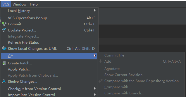 VCS Window Help 
Local History 
VCS Operations Popup... 
Commit... 
Update Project... 
Integrate Project.. 
Refresh File Status 
Show Local Changes as UML 
Create Patch... 
Apply Patch... 
Apply Patch from Clipboard... 
Shelve Changes... 
Checkout from Version Control 
Import into Version Control 
Alt* • 
Ctrl+K 
Ctrl+T 
Ctrl+Alt+Shift+D 
Commit File 
Ctrl 
Annotate 
Show Current Revision 
Compare with the Same Repositorz Version 
Compare with... 
Compare with Branch... 