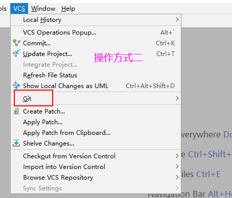 Jls 
Window Help 
vcs 
Local History 
VCS Operations Popupm 
Commitm 
Update Projectm 
Integrate Project... 
Refresh File Status 
Show Local Changes as UML 
Create Patchm 
Apply Patchm 
Apply Patch from Clipboardm 
Shelve Changesm 
Checkout from Version Control 
Import into Version Control 
Browse VCS Repository 
Sync Settings 
Alt* • 
Ctrl+K 
Ctrl+T 
Ctrl+Alt+Shift+D 
rywhere Dc 
> Ctrl + Shift+ 
les Ctrl+E 
n Bar Alt+H' 