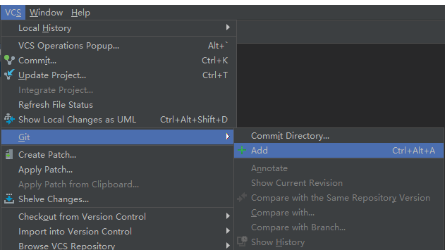 VCS, Window Help 
Local History 
VCS Operations Popup... 
Commit... 
Update Project... 
Integrate Project.. 
Refresh File Status 
Show Local Changes as UML 
Create Patch... 
Apply Patch... 
Apply Patch from Clipboard... 
Shelve Changes... 
Checkout from Version Control 
Import into Version Control 
Browse VCS Reoositorv 
Alt* • 
Ctrl+K 
Ctrl+T 
Ctrl+Alt+Shift+D 
Commit Directory... 
Ctrl + Alt* A 
Annotate 
Show Current Revision 
Compare with the Same Repositorz Version 
Compare with... 
Compare with Branch... 
19 Show History 