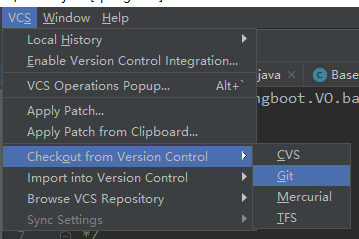 VCS Window Help 
Local History 
Enable Version Control Integration... 
VCS Operations Popup... 
Apply Patch... 
Apply Patch from Clipboard... 
Checkout from Version Control 
Import into Version Control 
Browse VCS Repository 
Sync Settings 
Java 
Alt* • 
gboot . VO. ba 
Mercurial 
TFS 