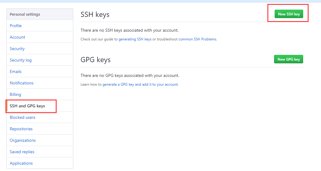 Personal settings 
Profile 
Account 
Security 
Security log 
Emails 
Notifications 
Billing 
SSH and GPG keys 
Blocked users 
Repositories 
Organizations 
Saved replies 
Applications 
SSH keys 
There are no SSH keys associated with your account 
Check out our guide to generating SS* keys or troubleshoot common SSH Problems. 
GPG keys 
There are no GPG keys associated with your account. 
Learn how to generate a GPG key and add it to ßur account. 
New SSH key 
New GPG key 
