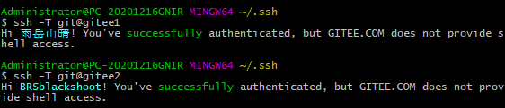 Administratorapc-20201216GNIR -/. ssh 
S ssh -T gitagiteel 
Hi You 've successfully authenticated, 
hell access. 
Administratorapc-20201216GNIR -/. ssh 
S ssh -T gitagitee2 
but GITEE.COM does not provide s 
Hi 8RSbIackshoot! You 've successfully authenticated, 
ide shell access. 
but GITEE.COM does not prov 