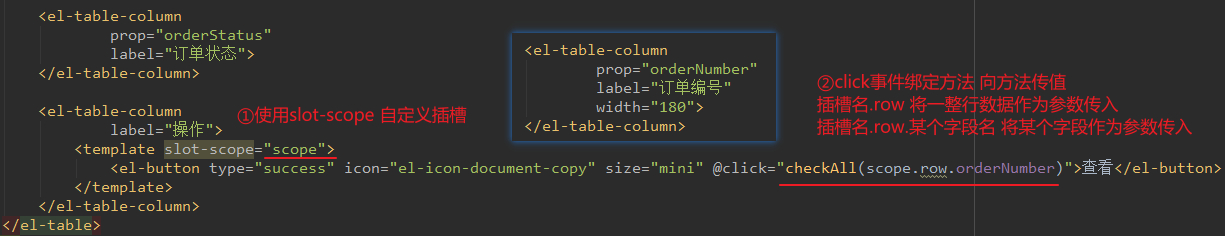 < / el -table-column > 
< el -table- column 
< el - button 
< /template> 
< / el -table-column > 
< / el -table > 
< el -table- column 
prop= " orderStatus " 
<template slot-scope= " scope " > 
< el -table- column 
prop= " orderNumber " 
label = " 
width= " 180" > 
< / el -table- column > 
row 
@Æfi3sIot-scope 
type="success" icon="el-icon-document-copy" size="mini" @c1ick="checkA11(scope.row.or erNumber) " 