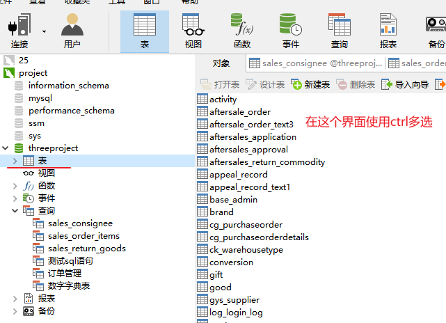 project 
information schema 
pe rfor ma nce_sche ma 
three project 
00 
sa les_consig nee 
sales order items 
sa les_retu r nsoods 
=sqlEEl 
sales_consignee @threeproj... sales_ordel 
a ctivity 
ftersale order 
a 
ftersale order text3 
a 
aftersales_application 
aftersales_approval 
aftersales_return_commodit-y 
a p pea _record 
a p pea _record _text I 
base admin 
bra rid 
cg_pu rchaseorder 
cg_pu seorderdetails 
wa rehousetype 
conversion 
gys_suppher 