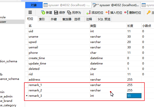 sysuser 04032 (localhost) 
* sysuser @4032 (local host)m sysro 
role 
tion schema 
1b 
lance schema 
;e admin 
;e brand 
se category 
una me 
uemail 
phone 
create time 
u pd a te_ti me 
deleted 
rid 
address 
remark I 
remark 2 
remark 3 
va rchar 
va rchar 
va rchar 
char 
d a tetime 
d a tetime 
char 
varchar 
varchar 
va rchar 
255 
255 
255 