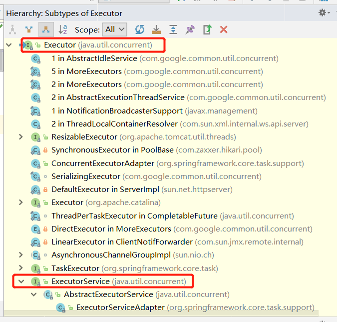 Hierarchy: Subtypes of Executor 
Scope: All v 
la 8 Executor (java.util.concurrent) 
w 
1 in AbstractldleService (com.google.common.util.concurrent) 
5 in MoreExecutors (com.google.common.util.concurrent) 
2 in MoreExecutors (com.google.common.util.concurrent) 
2 in AbstractExecutionThreadService (com.google.common.util.concurrent) 
1 in NotificationBroadcasterSupport (javax.management) 
2 in ThreadLocalContainerResolver (com.sun.xml.internal.ws.api.server) 
ResizableExecutor (org.apache.tomcat.util.threads) 
SynchronousExecutor in PoolBase (com.zawxer.hikari.pool) 
ConcurrentExecutorAdapter (org.springframework.core.task.support) 
SerializingExecutor (com.google.common.util.concurrent) 
DefaultExecutor in Serverlmpl (sun.net.httpserver) 
(org.apache.catalina) 
Executor 
ThreadPerTaskExecutor in CompletableFuture (java.util.concurrent) 
DirectExecutor in MoreExecutors (com.google.common.util.concurrent) 
LinearExecutor in ClientNotifForwarder (com.sun.jmx.remote.internal) 
AsynchronousChannelGrouplmpl (sun.nio.ch) 
TaskExecutor (org.springframework.core.task) 
ExecutorService 
•ava.util.concurrent) 
AbstractExecutorService (java.util.concurrent) 
ExecutorServiceAdapter (org.springframework.core.task.support) 