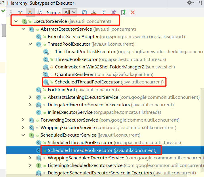 : 7 Hierarchy: Subtypes of Executor 
ExecutorService (java.util.concurrent) 
AbstractExecutorService (java.util.concurrent) 
ExecutorServiceAdapter (org.springframework.core.task.support) 
ThreadPoolExecutor (java.util.concurrent) 
1 in ThreadPoolTaskExecutor (org.springframework.scheduling.concurr. 
ThreadPoolExecutor (org.apache.tomcat.util.threads) 
Comlnvoker in Win32ShellFolderManager2 (sun.awt.shell) 
QuantumRenderer 
com.sun.•avafx.tk. uantum 
ScheduledThreadPoolExecutor (java.util.concurrent) 
ForkJoinPool (java.util.concurrent) 
AbstractListeningExecutorService (com.google.common.util.concurrent) 
DelegatedExecutorService in Executors (java.util.concurrent) 
InlineExecutorService (org.apache.tomcat.util.threads) 
ForwardingExecutorService (com.google.common.util.concurrent) 
WrappingExecutorService (com.google.common.util.concurrent) 
ScheduledExecutorService (java.util.concurrent) 
Scheduled ThreadPoolExecutor 
or .a ache.tomcat.util.threads) 
Scheduled ThreadPoolExecutor (java.util.concurrent) 
WrappingScheduledExecutorService (com.google.common.util.concurrent 
Listening ScheduledExecutorService (com.google.common.util.concurrent) 
DelegatedScheduledExecutorService in Executors Oava.util.concurrent) 