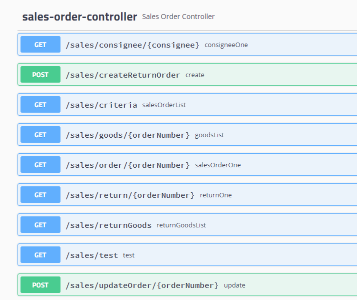 sales-order-controller sales order controller 
[sales/ consi gnee/{consignee} consigneeone 
/sa1es/createReturnOrder create 
/sales/criteria salesorderList 
[sales/ goods/ {orderNumber} goodsList 
/sales/order/ {orderNumber} salesorderone 
[sales/ return/ {orderNumber} returnone 
[sales/ returnGoods returnGoodsList 
/sales/test test 
/sales/updateorder/ {orderNumber} update 