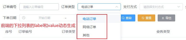 订 望 编 号 
下 望 日 
订 望 类 型 
开 始 凸 
毛 话 订 望 
电 话 iJ 单 
订 望 
0 查 河 
前 端 的 下 拉 列 表 的 | abe 厢 va 》 ue 动 态 生 成 
号 订 单 编 号 
订 单 类 型 