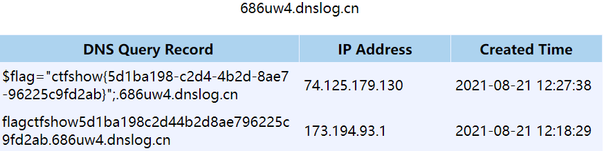 686uw4.dnslog.cn  DNS Query Record  Sflag= ctfshow{5d1 ba 198-c2d4-4b2d-8ae7  IP Address  74.125.179.130  flagctfshow5d1 bal 98c2d44b2d8ae796225c  173.194.93.1  9fd2ab.686uw4.dnslog.cn  Created Time  2021-08-21 12:27:38  2021-08-21 12:18:29 