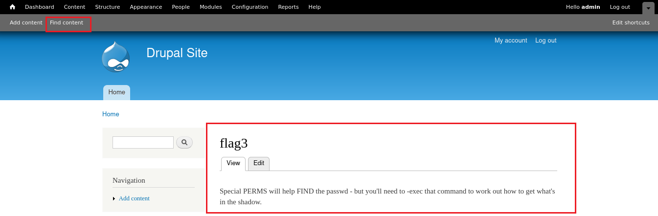 admin 
My 
out 
Drupal Site 
flag3 
PERMS will help FIND passwd . but you'll 'Wed that command work out 
in 