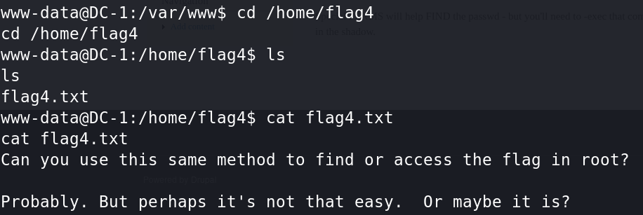 www-data@DC-1:/var/www$ cd /home/flag4 
cd /home/flag4 
www-data@DC-1:/home/flag4$ Is 
flag4. txt 
www-data@DC-1:/home/flag4$ cat flag4. txt 
cat flag4. txt 
Can you use this same method to find or access the flag in root? 
Probably. But perhaps it's not that easy. Or maybe it is? 