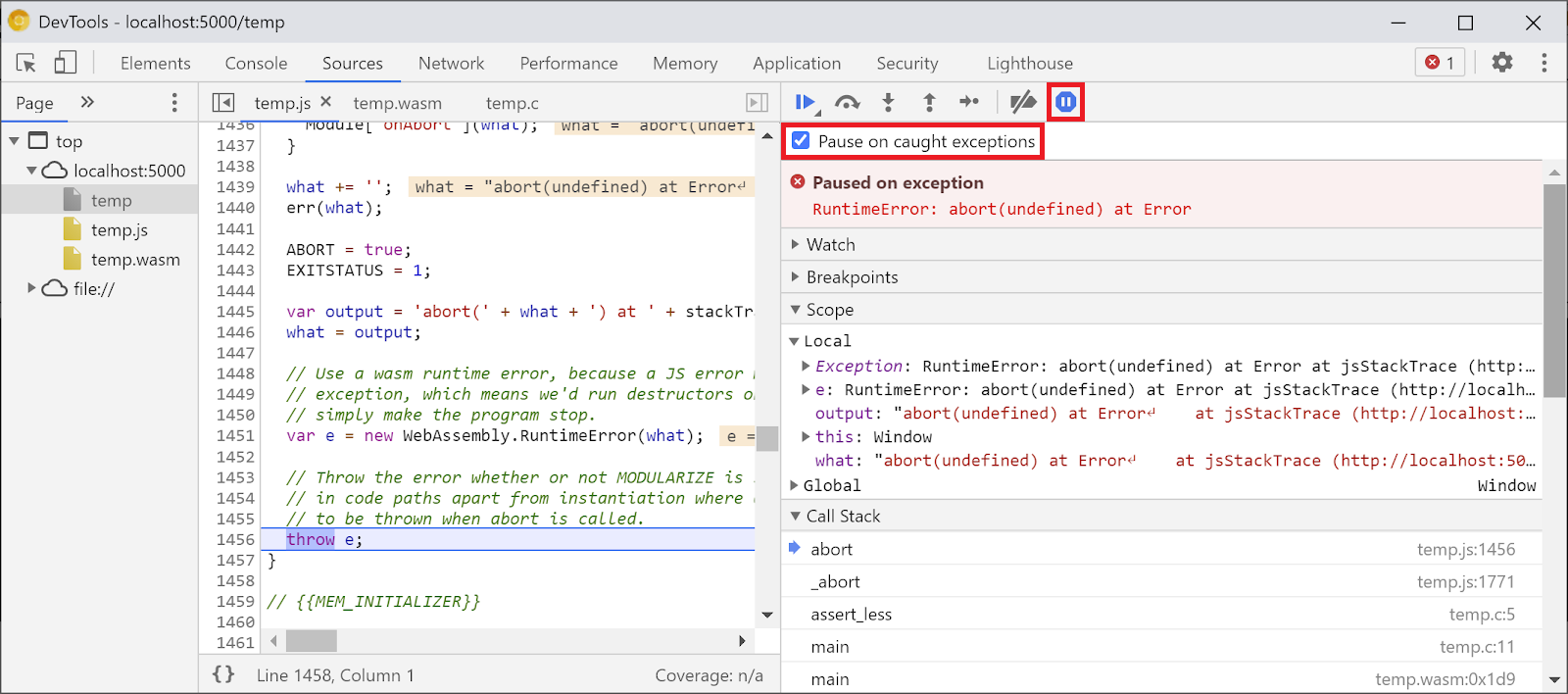 Screenshot of the Sources panel showing how to enable 'Pause on caugh exceptions'