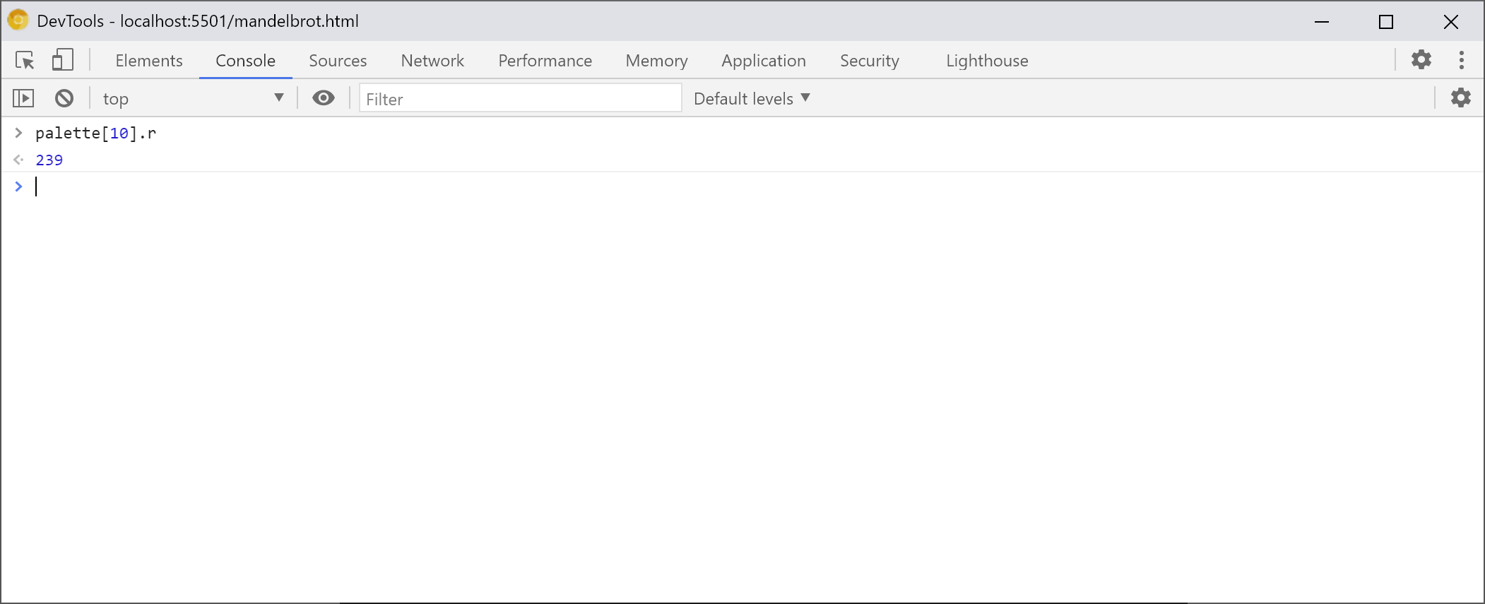 Console panel showing the result of `palette[10].r`