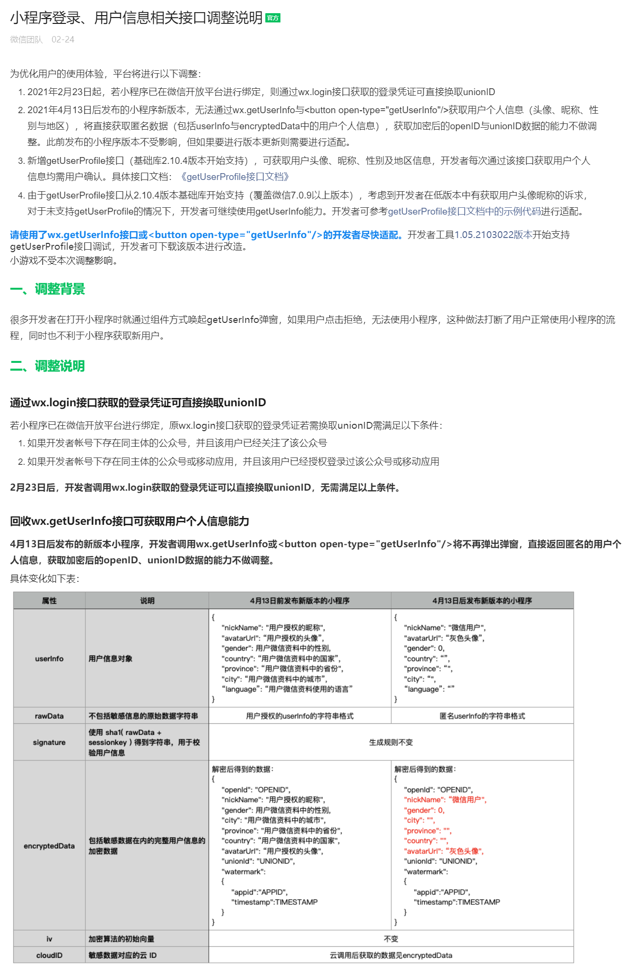 [重要更新]微信小程式登入、使用者資訊相關介面調整：使用 wx.getUserProfile 取代 wx.getUserInfo